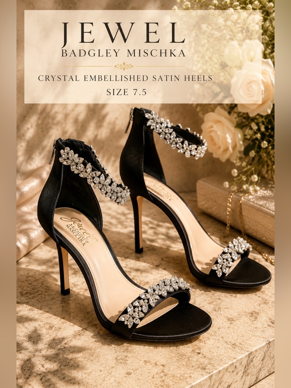 Jewel Badgley Mischka Crystal Embellished Satin Heels Black Size 7.5